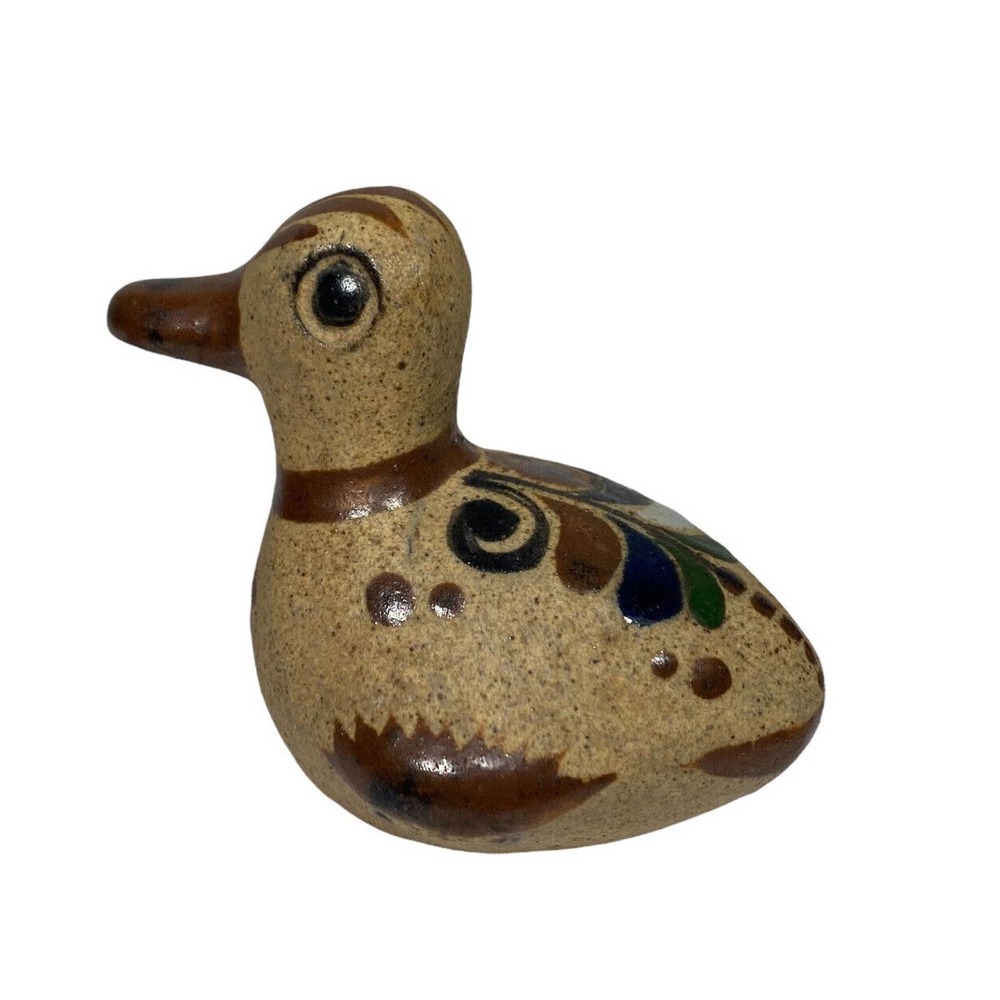 Vintage Mexican Folk Art Pottery Brown Small Duck Bird Hand Painted Signed